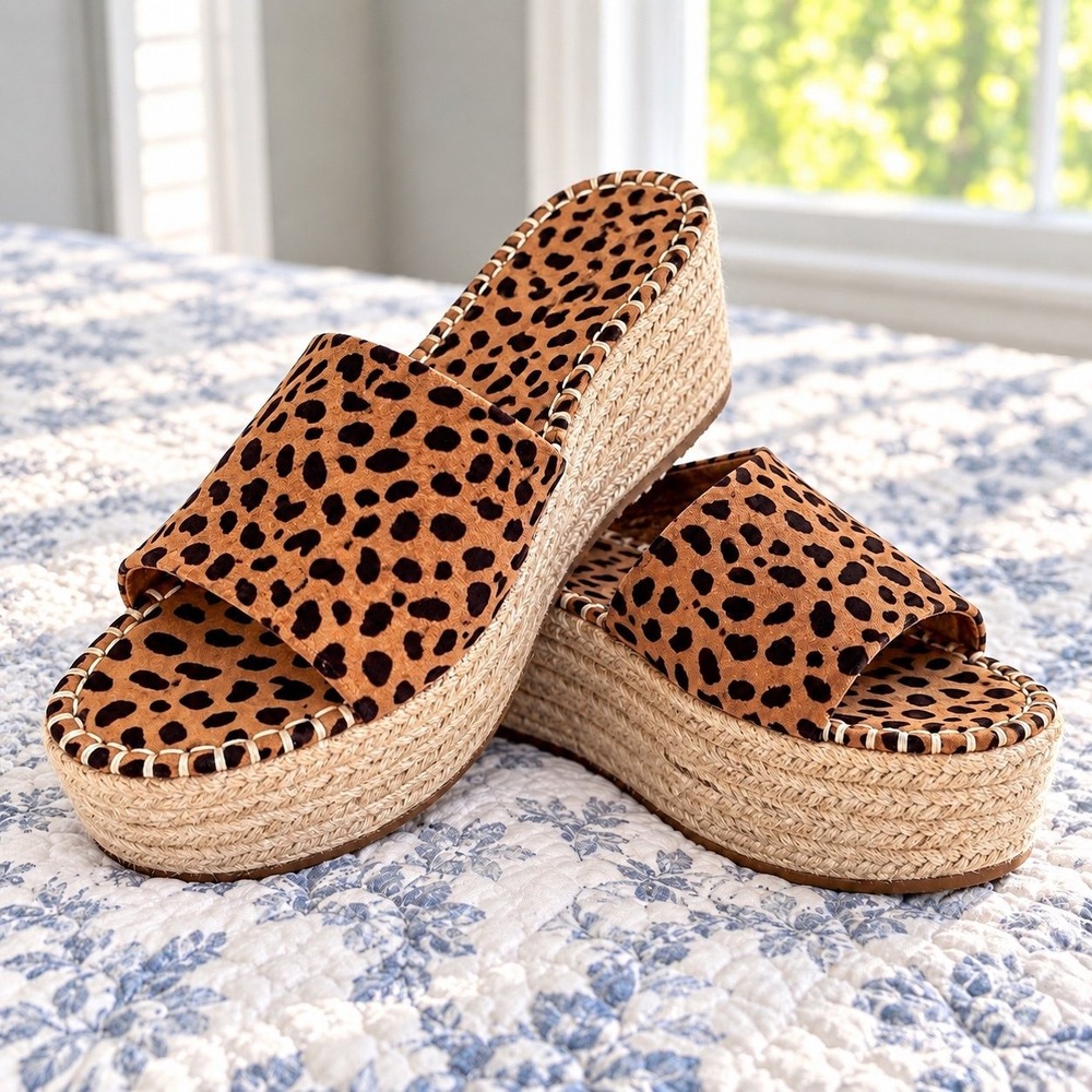 Bamboo Leopard Cheetah Print Wedge Espadrille Platform Sandals, 8.5 New